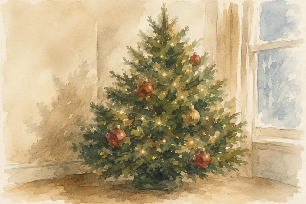 Aquarell: geschmückter Baum im Zimmer
