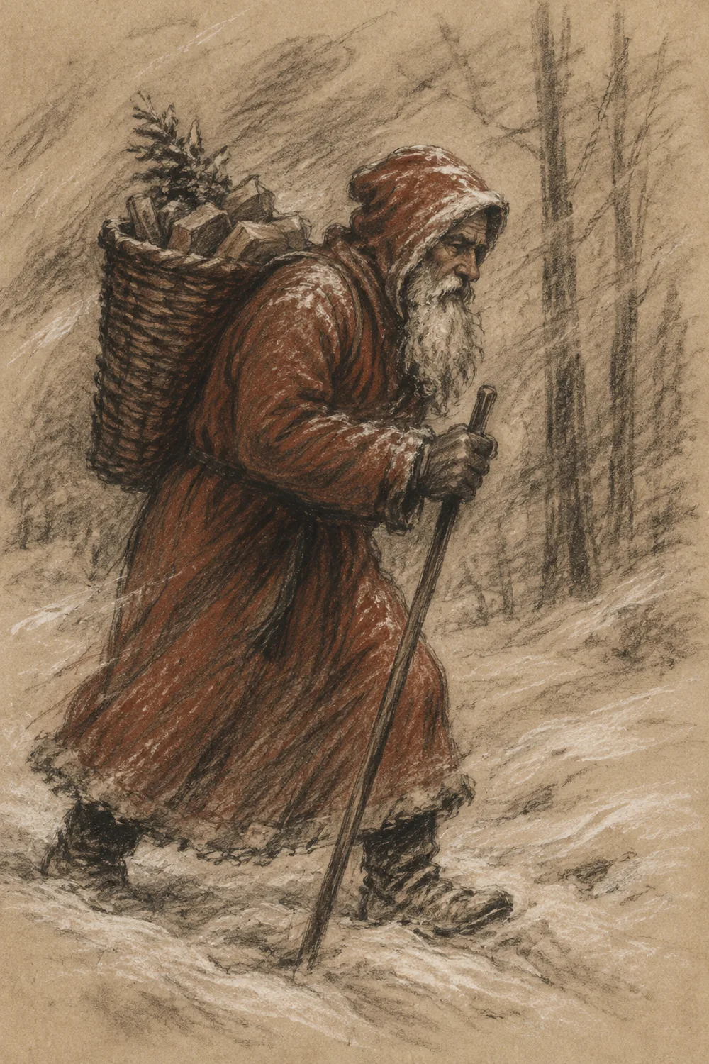 Kohlezeichnung: der Weihnachtsmann geht zu Fuß