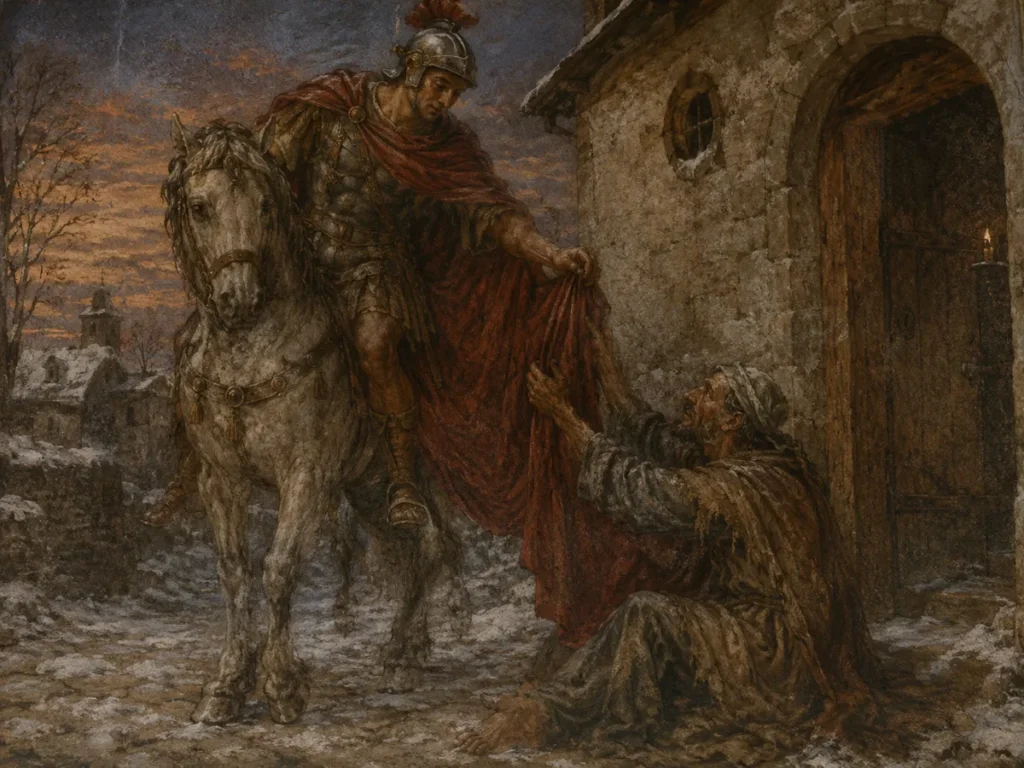 Historische Darstellung des Heiligen Martin von Tours, der seinen Mantel mit einem Bettler teilt - Ursprung des Martinstags