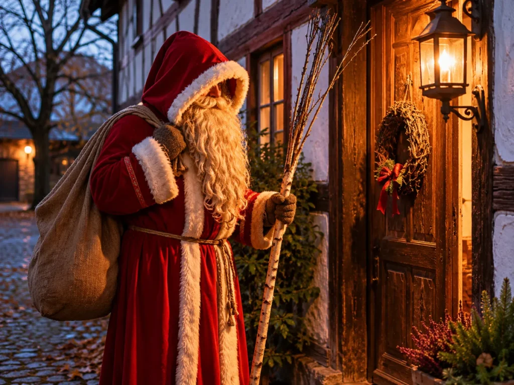 Pelzmärtel in rotweiß-em Gewand mit Sack und Rute vor fränkischem Fachwerkhaus am Abend des 11. November