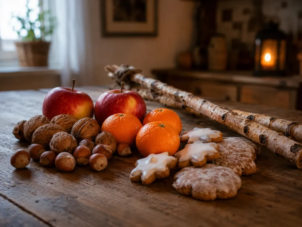 Typische Pelzmärtel-Geschenke: Nüsse, Äpfel, Mandarinen und Lebkuchen auf Holztisch mit Birkenrute
