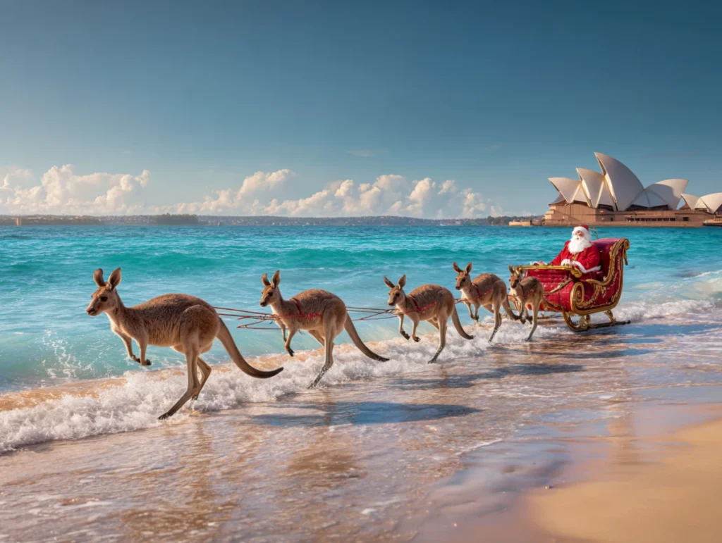 Santa Claus sitzt in einem roten Schlitten, der von Kängurus am Strand entlanggezogen wird; im Hintergrund das türkisfarbene Meer Australiens und die Sydney Opera House.