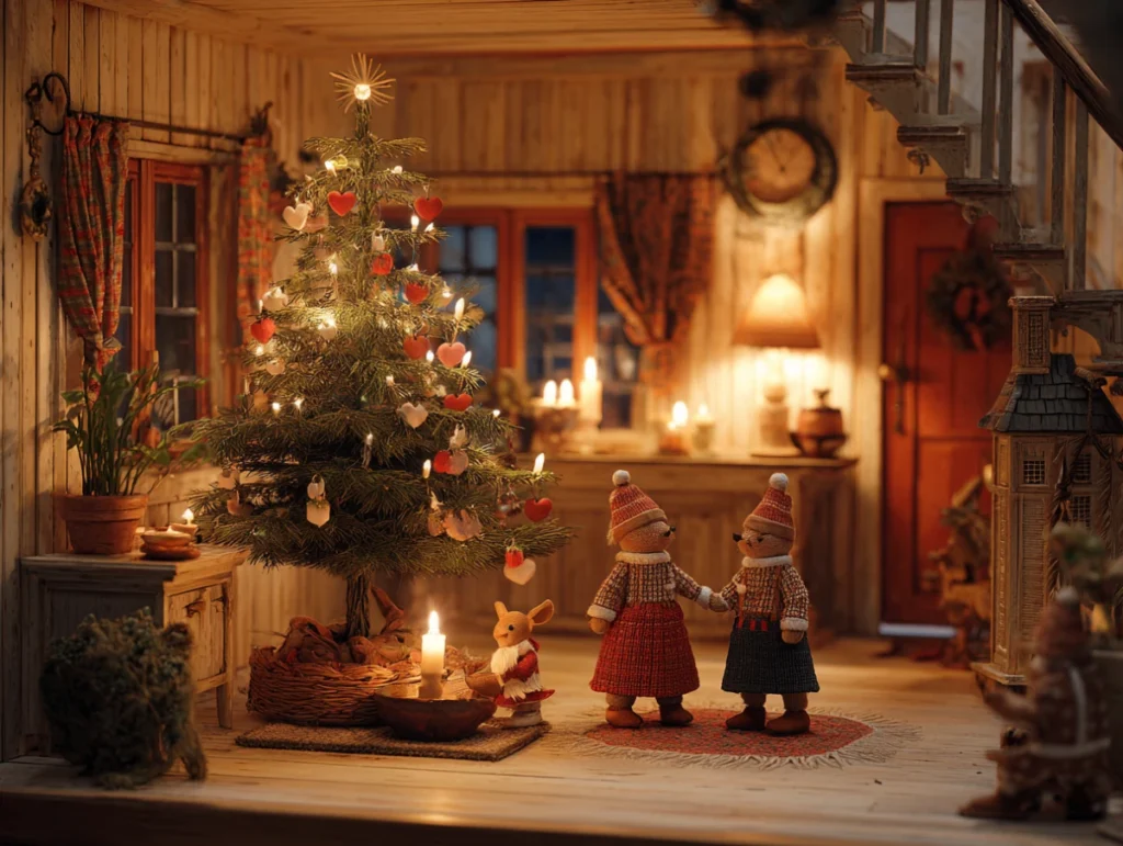 Dänische Familie feiert Juleaften in einer warm dekorierten Stube, tanzt Hand in Hand um den Weihnachtsbaum mit Julehjerter und Kraemmerhuse, während Kinder eine Schüssel Grütze für die Nisse vor die Tür stellen.