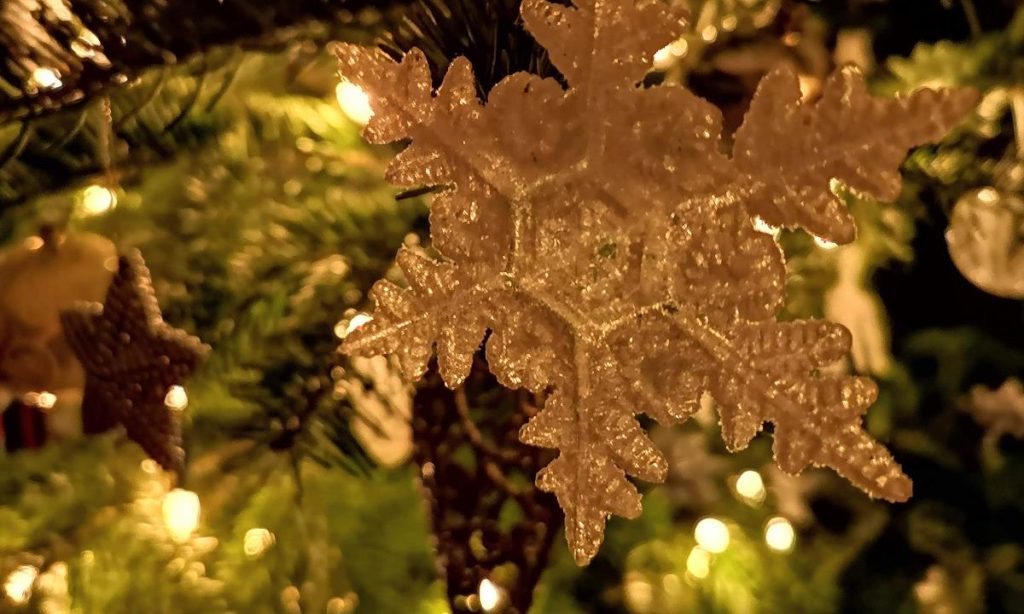 Glitzernder, silberfarbener Weihnachtsbaumschmuck (Stern) und Lichter am Weihnachtsbaum