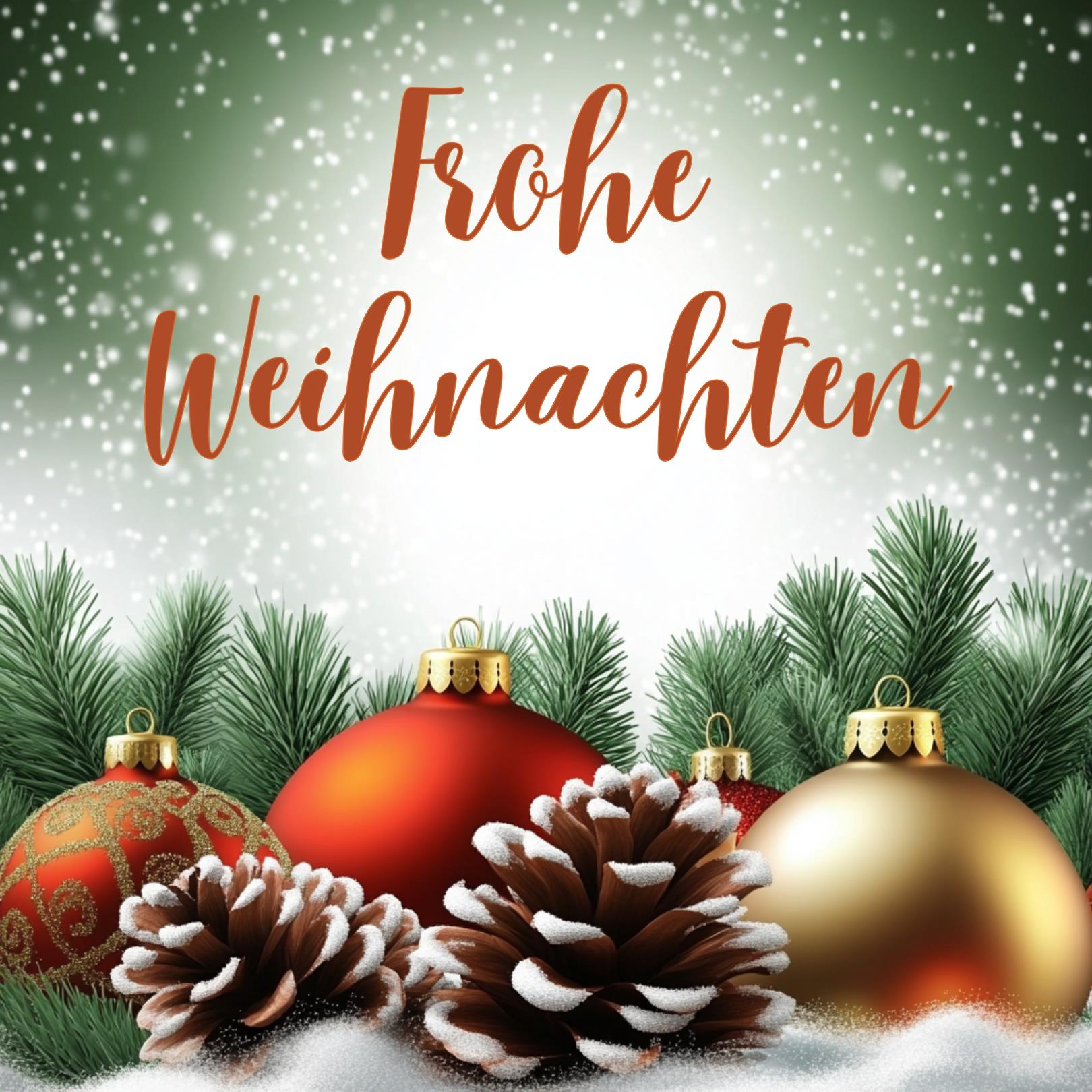 Karte mit Schriftzug Frohe Weihnachten in eleganter Schrift, mit roten und goldenen Kugeln, schneebedeckten Tannenzapfen und grünen Tannenzweigen vor einem winterlichen Hintergrund mit Schneefall