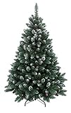 RS Trade 15013 Weihnachtsbaum künstlich 180 cm mit Schnee und Zapfen (Ø ca. 114 cm) ca. 1095 Spitzen, schwer entflammbarer Tannenbaum mit Schnellaufbau Klappsystem, inkl. Christbaum Ständer