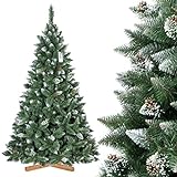 FAIRYTREES künstlicher Weihnachtsbaum Kiefer, Natur-Weiss beschneit, Material PVC, echte Tannenzapfen, inkl. Holzständer, 220cm, FT04-220