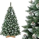 FairyTrees künstlicher Weihnachtsbaum Kiefer, Natur-Weiss beschneit, Material PVC, echte Tannenzapfen, inkl. Holzständer, 180cm, FT04-180